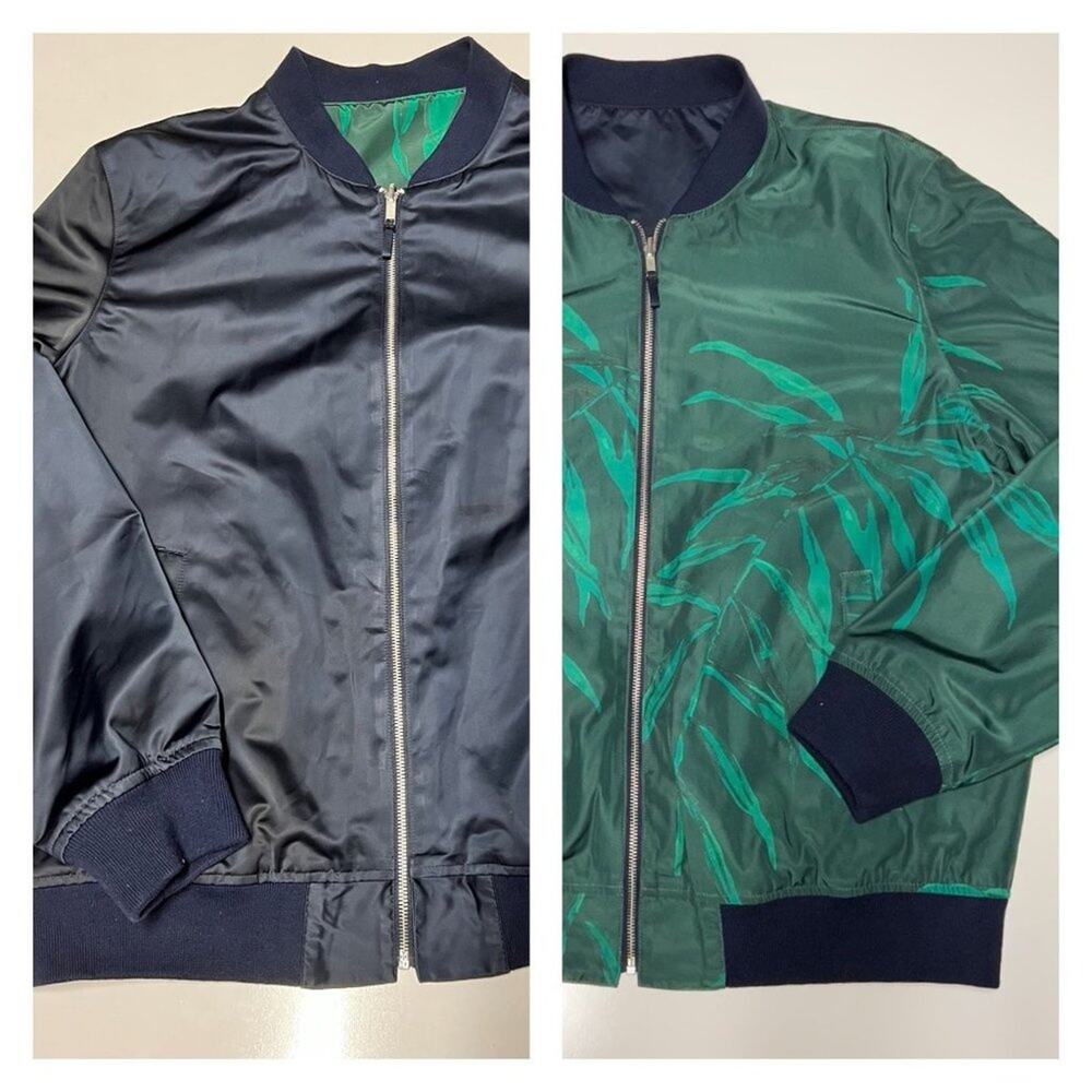 Bonobos Rivera Reversible Satin Bomber jacket in Navy Blue and Green